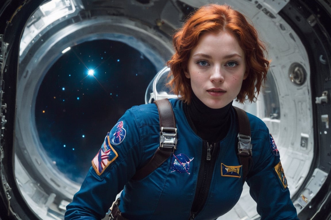 photorealistic, hires, 8K, raw image, ethereal light, 1girl, solo, gorgeous space pilote female 23 years old white skin french woman,   cleavage, collarbone, blue eyes, short messy orange redhead hair, dark makeup, she wears a space warrior suit with a helmet, a glass cosmonaut helmet, she floats out in space, a coffee mug smoking in one hand, the galaxy with saturn and stars and the moon in the background, masterpiece, absurdres, intricate, cinematic light, shy smile, looking to the viewer,more detail XL, natural light, movie scene, ,Cyberpunk