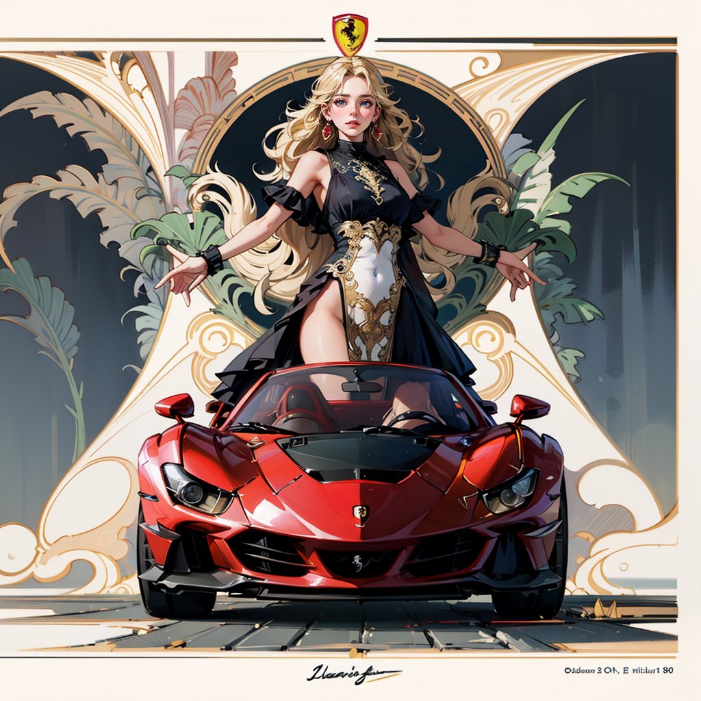 masterpiece,best quality,watercolor illsturation,Le mans car art nouveau style concept art,(Red and black Racing Ferrari SF90 Spider with art nouveau style colouring:1.2),front view,from front,ASURADA_GSX
BREAK
goddess of victory standing in front car.holding french flag high.art nouveau style dress,blonde wavy hair,star-shapes earrings,like a Liberty Leading the People
BREAK
background is art nouveau style illsturation,Eiffel Tower