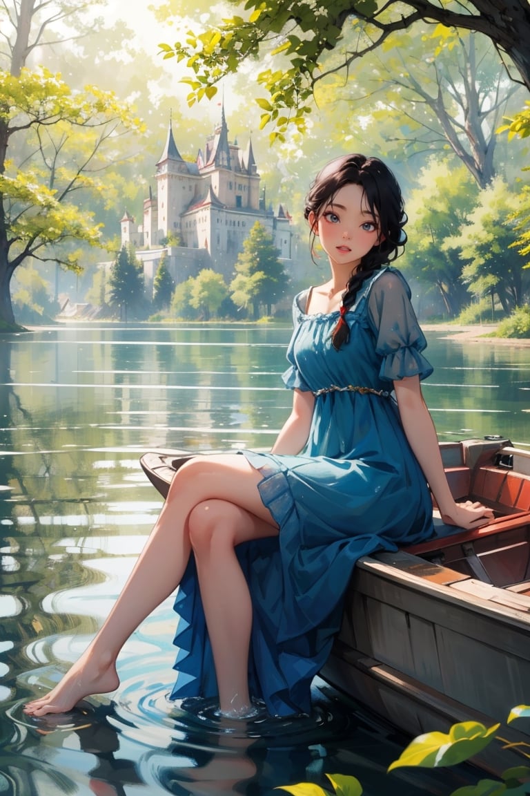 masterpiece,cowboy shot, portrait,Fantastic and dreamy atmosphere,very cute Idol face,Two aristocratic girls is resting in the shade of a tree by the lake, sitting leaning against a tree,in deep forest,A large castle can be seen beyond the deep forest.Fantasic dress,barefoot,black hair,braided,happy,smile,small boat on the lake