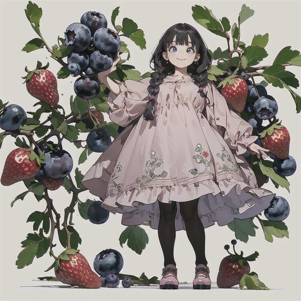 (ultra-detailed,best quality,masterpiece,finely detail, high res,8K RAW photo,realism),solo,(14 years old,Girl standing among big strawberries and blueberries and grapes on the ground,smiling,beautiful short staturet girl,frontal body,full body:1.2),(wearing pink tunic dress,stockings,platform shoes:1.2),(beautiful Black hair,wavyTwin-Braids,bangs),(round face,large-pupils,big round eyes,medium body,round big breasts,thin waist,thick legs.long torso:1.2),(large earrings),front view,isometric,diorama,bloom,high lights.(from a distance.long shot:1.2),realistic lighting,(simple background,white background:1.3),post-Impressionist,cartoon