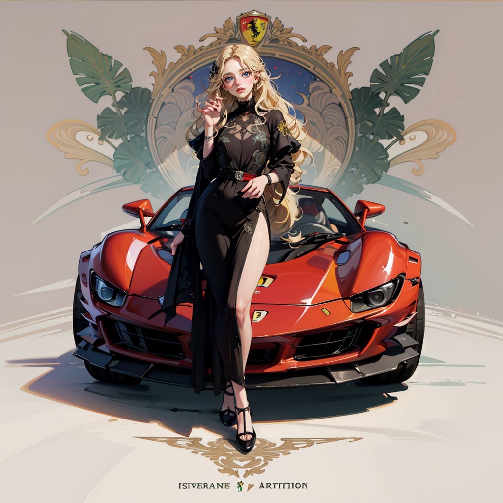 masterpiece,best quality,watercolor illsturation,Le mans car art nouveau style concept art,(ALL-Red Racing Ferrari SF90 Spider with art nouveau style colouring:1.2),front view,from front,ASURADA_GSX
BREAK
goddess of victory standing in front car.holding french flag high.art nouveau style dress,blonde wavy hair,like a Liberty Leading the People
BREAK
background is art nouveau style illsturation,One Eiffel Tower