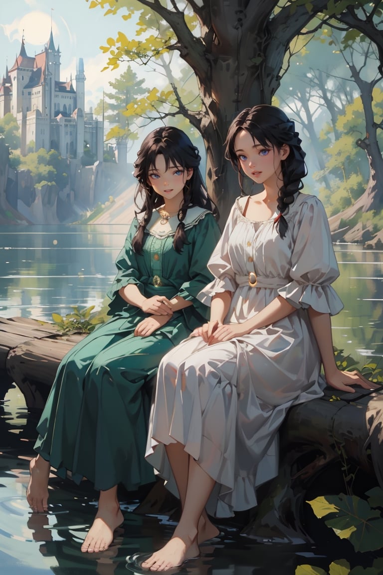 hyper-realism,photo-realistic,masterpiece,cowboy shot, portrait,Fantastic and dreamy atmosphere,very cute Idol face,Two aristocratic girls is resting in the shade of a tree by the lake, sitting leaning against a tree,in deep forest,A large castle can be seen beyond the deep forest.Fantasic dress,barefoot,black hair,braided,happy,smile,small boat on the lake,Circle,(background is circle style:1.3),Circle Sora,nodf_lora