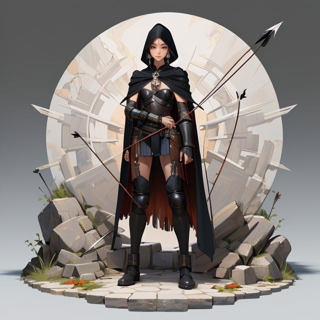 (isometric 3D model:1.1).(ultra-detailed,best quality,masterpiece,finely detail,high res,8K RAW photo,realism),solo,(31 years old,she is an cunning archer,beautiful girl,standing on cobblestone,frontal face,frontal body,isometric view,full body:1.2),(wearing leather armor and black cloak.holds a long bow in her right hand. In her left hand she holds a arrow.hood up:1.2),(messy short hair,black hair,forehead:1.1),(round face,large-pupils,droopy eyes,fit body,small breasts:1.2),(large earrings),isometric,diorama,bloom,high lights.(from a distance.long shot:1.2)
BREAK 
(simple background,background color is white:1.3),nodf_lora,fantasy