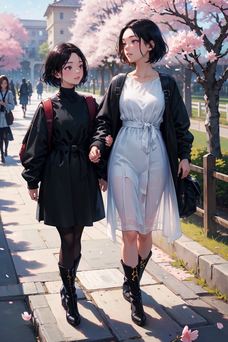 (masterpiece:1.1), (high-resolution:1.1), best quality, extremely detailed, 8K wallpaper,18 years old,Two girls walking under the cherry blossom trees, very slender body, short hair, beautiful black hair, smile, white long dress,black tights,leather boots and black backpack,front view,fantasy00d