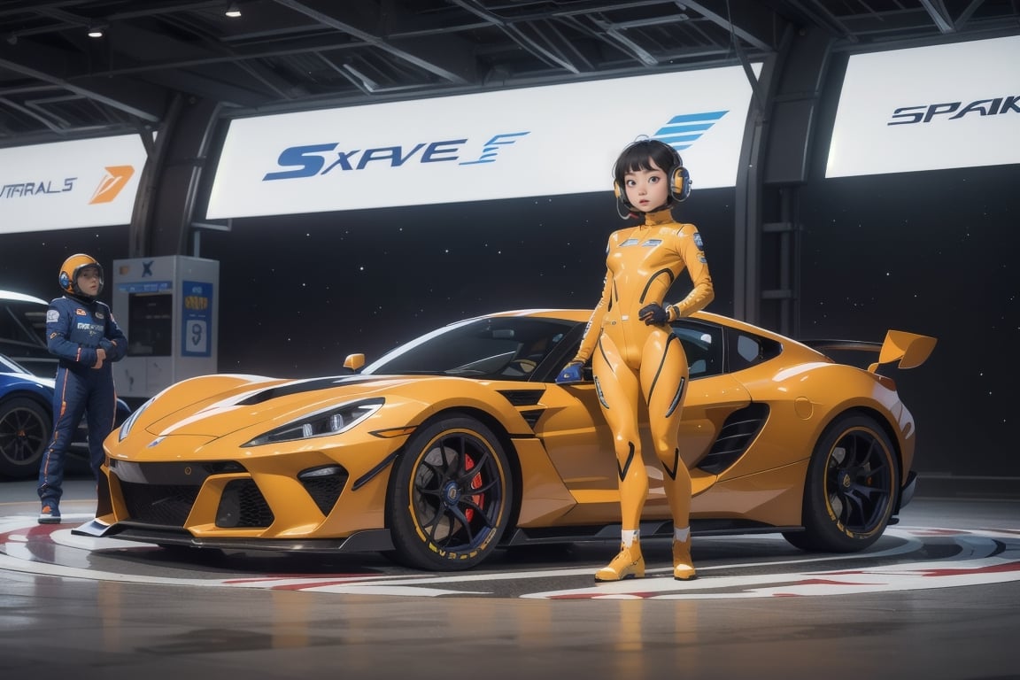 Masterpiece,best quality,space fantasy atmosphere,(A girl standing upright,perfect body,bangs,various hair style),very pretty japanese girl,round face,cute eyes,(various body shape,body thickness,breast size and torso length.),wearing beautiful bodysuit,camel toe,space fantasy style headset,earrings,wide shot,full body
BREAK
Perfect Racing cars parked side by side on the circuit,in the pit lane,various color hyper-cars,from front