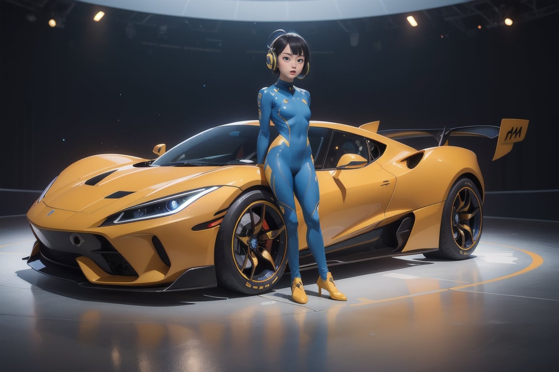 Masterpiece,best quality,space fantasy atmosphere,(A girl standing upright,perfect body,bangs,various hair style),very pretty japanese girl,round face,cute eyes,wearing beautiful bodysuit,blue costume,camel toe,space fantasy style headset,earrings,wide shot,full body
BREAK
Perfect Racing hyper-car parked on the stage in car show,from front,car is black with gold decoration