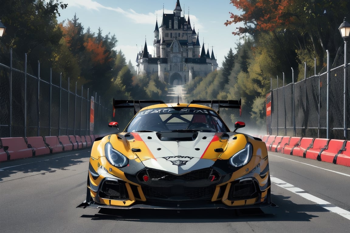 (ultra-detailed, best quality, masterpiece, photo-realistic, 8K wallpaper),dreamy and gothic fantastic atmosphere,pretty girl drive a car in green hell,beautiful formula car parked in the pit garage,It has a lot of winglets,slanted headlights,light on,light on,Racing car color is red with white line.A car with fantasic armored decoration,A winding road with height differences,(front view:1.2),high color
BREAK
(A castle can be seen beyond the deep forest,dark night,light up),ASURADA_GSX,xsty