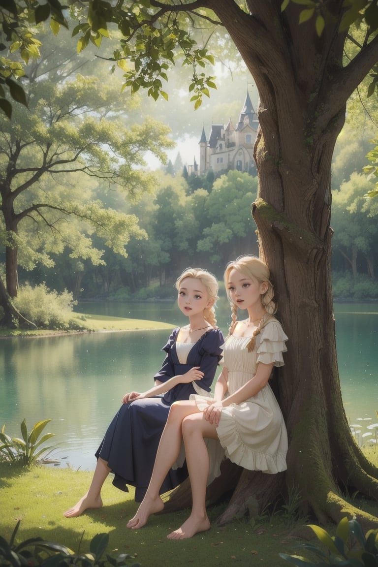 masterpiece,cowboy shot, portrait,Fantastic and dreamy atmosphere,Two aristocratic girls is resting in the shade of a tree by the lake, sitting leaning against a tree,in deep forest,A large castle can be seen beyond the deep forest.Fantasic dress,barefoot,blonde hair,braided,happy,smile