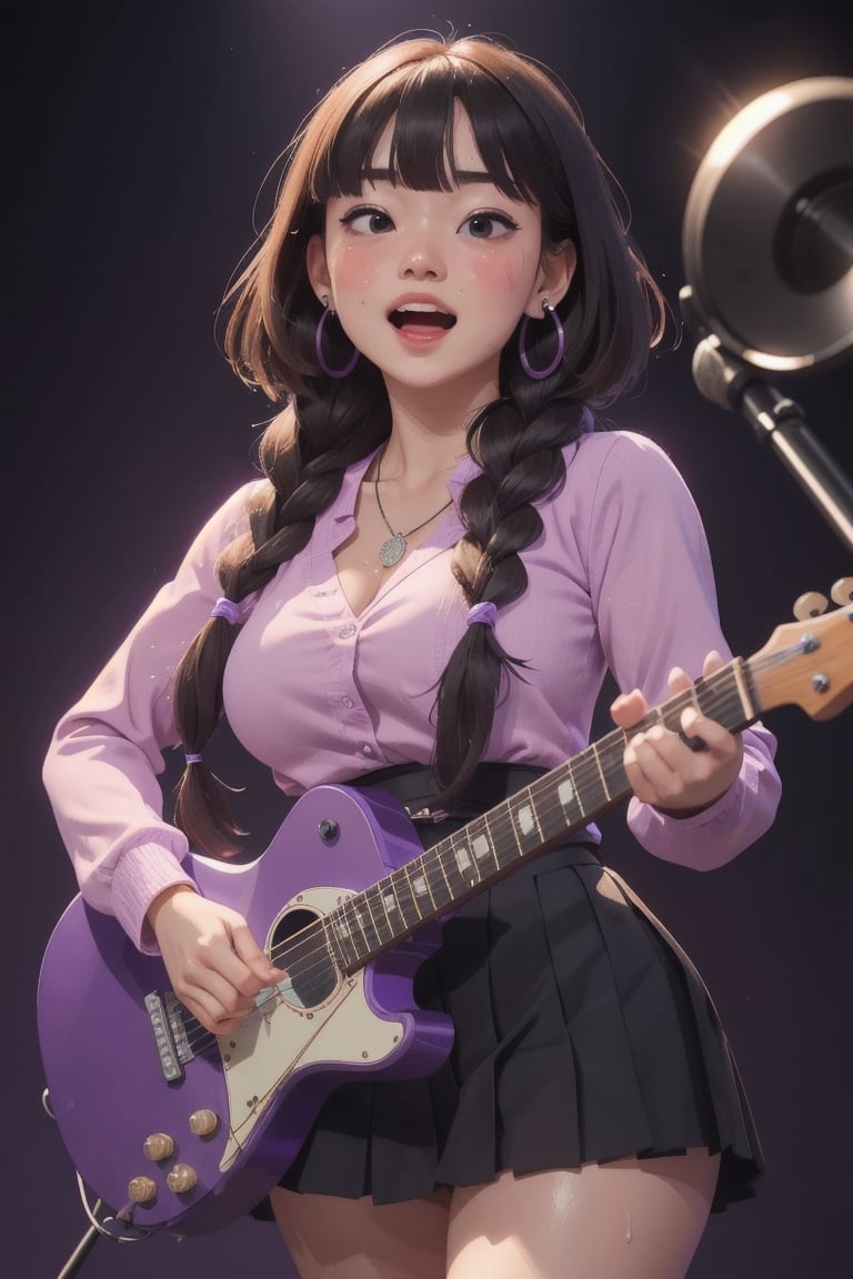 masterpiece of watercolor,soft Light,best quality,16 years old,Japanese Girl singing in recording studio,playing white electric guiter with strap,red guiter,short stature,very cute,(bangs,fluffy black medium hair,thick twin-braids),round face,cute round droopy eyes,(closed eyes:0.3),(blush:1.2),smile,(open mouth,pink lips),plump cheeks,medium body,(gigantic breast,thin waist,wide hips,muscular thick legs),white skin,sweaty skin,jewelry earring,necklace,gothic style black long-sleeve blouse and pleated skirt with Lace decoration,black thights,high heels,perfect hands,front view,from front,cowboy shot
BREAK
(simple background,light-purple background,many Music notes:1.3)