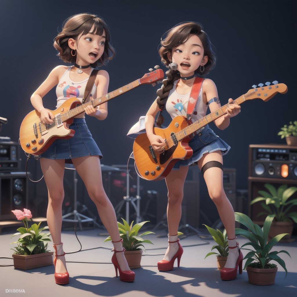 (isometric 3D model:1.1).(ultra-detailed,best quality,masterpiece,finely detail, high res,8K RAW photo,realism),rock music atmosphere,(smiling,open mouth:1.1),(Japanese Girl standing and singing while playing guitar,electric guitar,beautiful short staturet girl,makeup,full body:1.1),wearing graphic tank top,skirt,stockings,high heels:1.1),(beautiful fluffy short hair,black hair,thick twin-Braids,bangs),(round face,large-pupils,droopy eyes,chubby thick body,gigantic breasts,thin waist,wide hips,very thick legs:1.2),(large earrings,choker),front view,isometric,diorama,bloom,high lights.(from a distance:1.2),realistic lighting,Chibi,in front music studio,
BREAK 
(simple background,Vivid and colorful background:1.3),isometric view