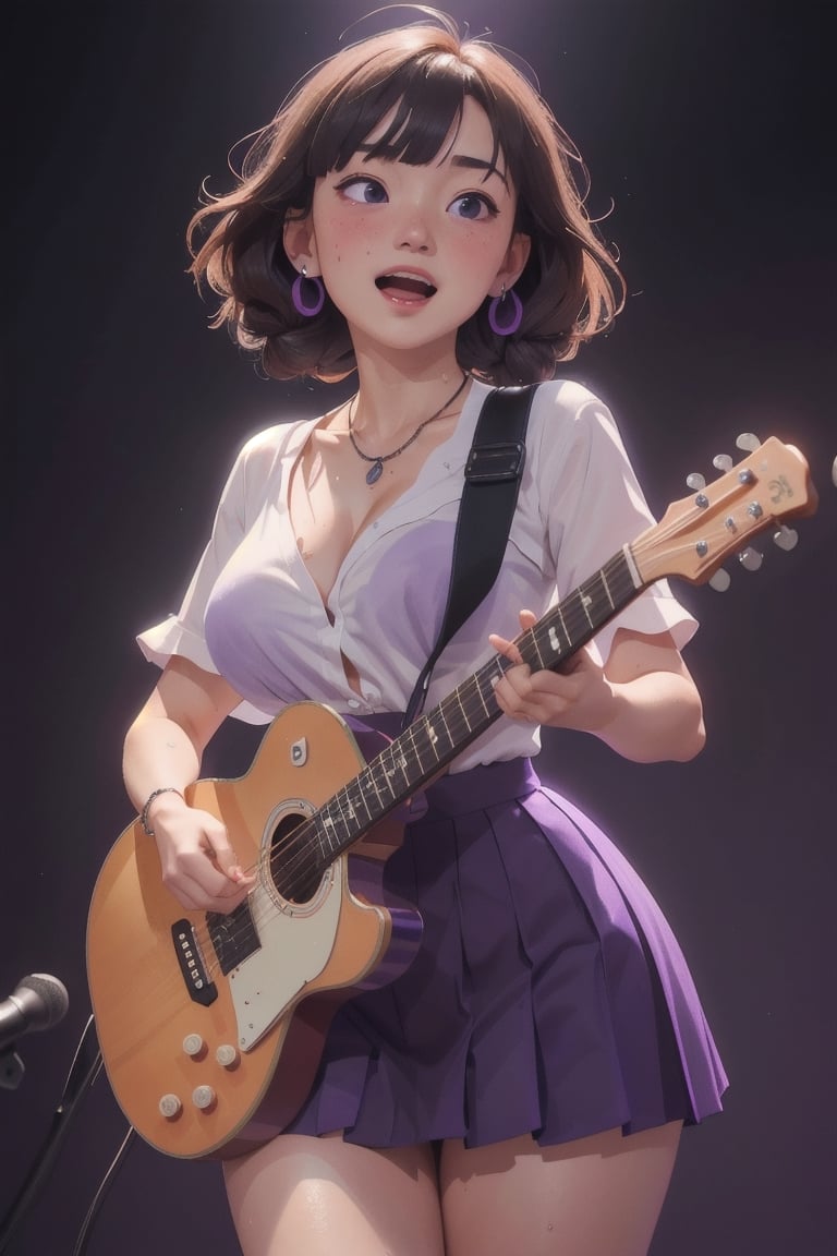 masterpiece of watercolor,soft Light,best quality,16 years old,Japanese Girl singing in recording studio,playing white electric guiter with strap,red guiter,short stature,very cute,(bangs,fluffy black medium hair,low twin-braids),round face,cute round droopy eyes,(closed eyes:0.3),(blush:1.2),smile,(open mouth,pink lips),plump cheeks,medium body,(gigantic breast,thin waist,wide hips,muscular thick legs),white skin,sweaty skin,jewelry earring,necklace,gothic style black blouse and pleated skirt,black thights,high heels,perfect hands,front view,from front,cowboy shot
BREAK
(simple background,light-purple background,many Music notes:1.3)