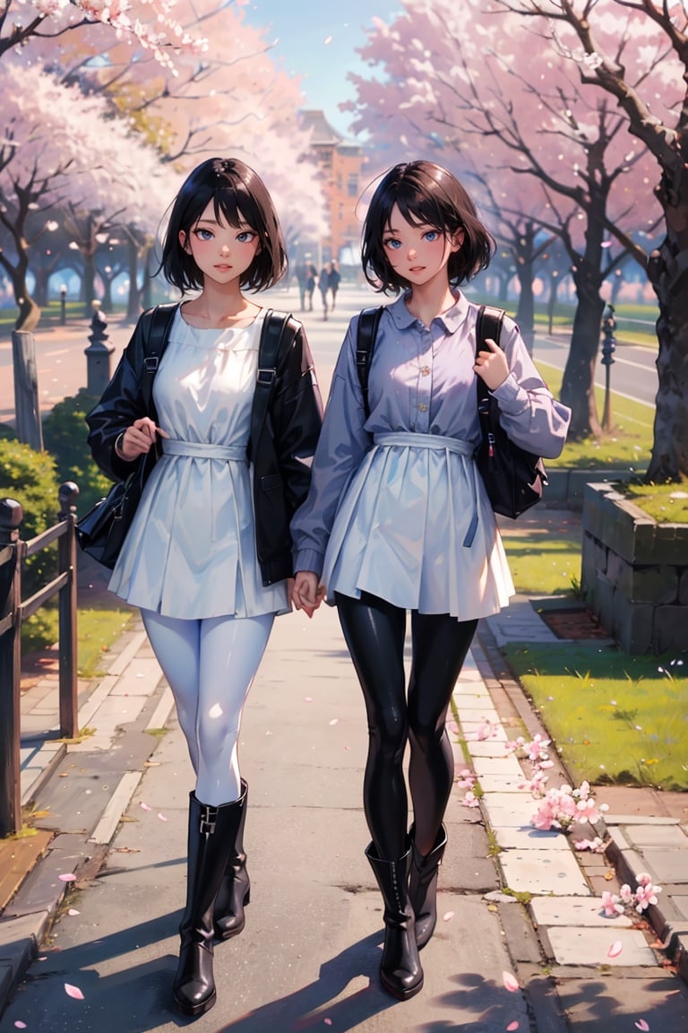 (masterpiece:1.1), (high-resolution:1.1), best quality, extremely detailed, 8K wallpaper,18 years old,Two girls walking under the cherry blossom trees, very slender body, short hair, beautiful black hair, smile, white dress,black leggins,leather boots and black backpack,front view,fantasy00d