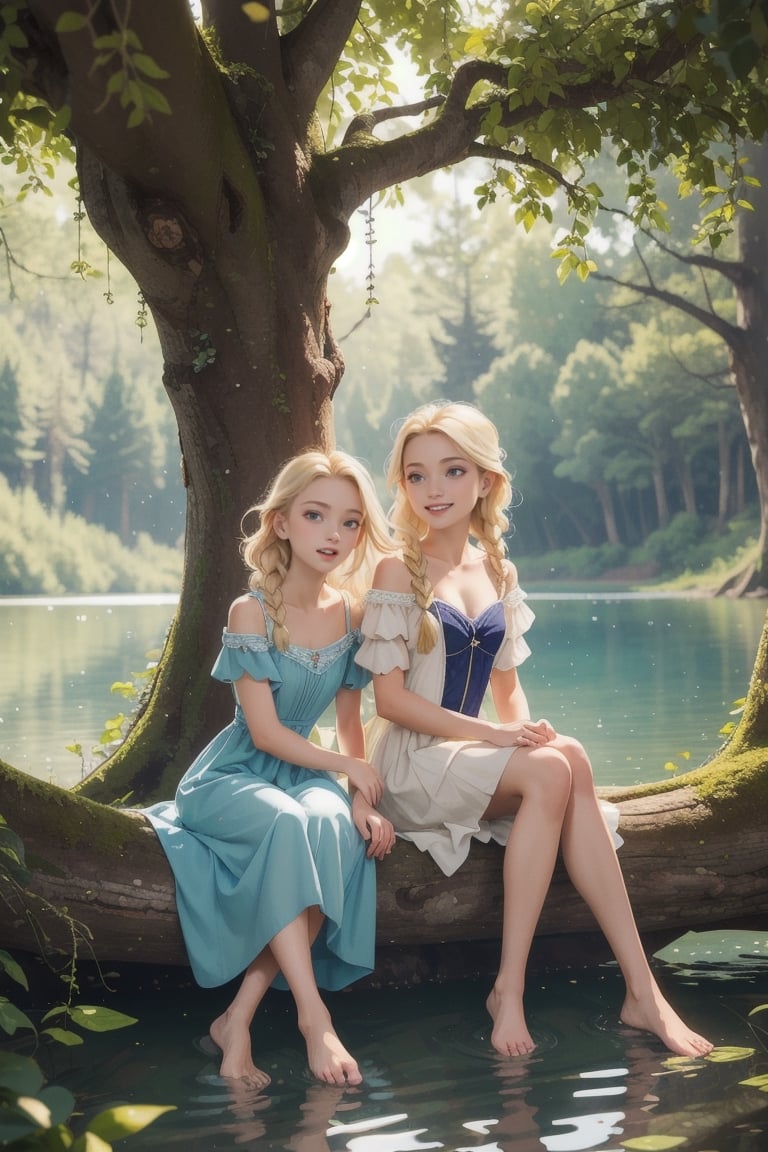 masterpiece,cowboy shot, portrait,Fantastic and dreamy atmosphere,Two aristocratic girls is resting in the shade of a tree by the lake, sitting leaning against a tree,in deep forest,A large castle can be seen beyond the deep forest.Fantasic dress,barefoot,blonde hair,braided,happy,smile,small boat on the lake