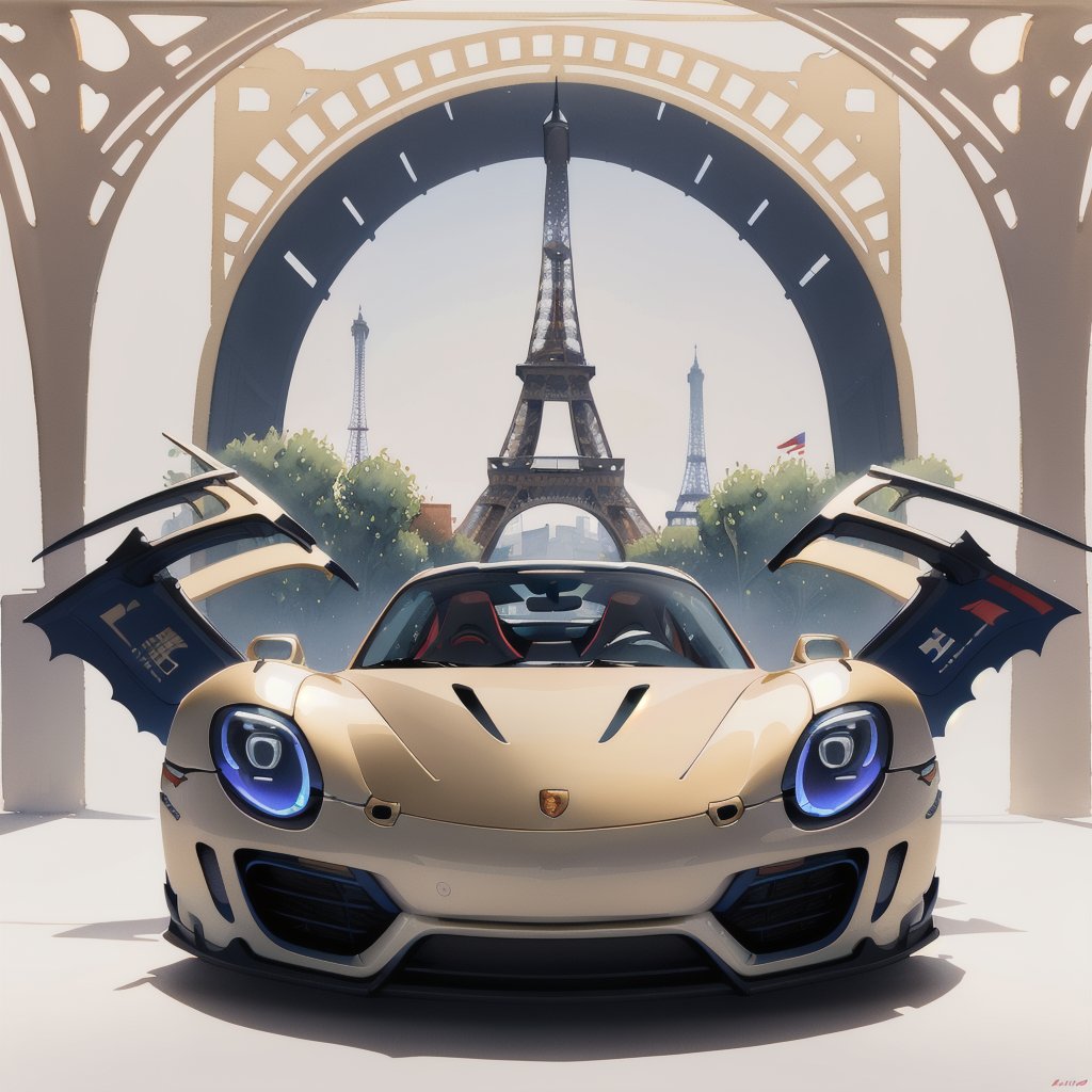 masterpiece,best quality,(art nouveau style watercolor illsturation),car concept art,(art nouveau style colouring racing_car style black porsche 918 Spyder with winglet decoration:1.1)
BREAK
(art nouveau style illsturation of One Eiffel Tower,Art Nouveau style picture gold frame:1.2),front view,(French flag background:1.2),from front,ASURADA_GSX