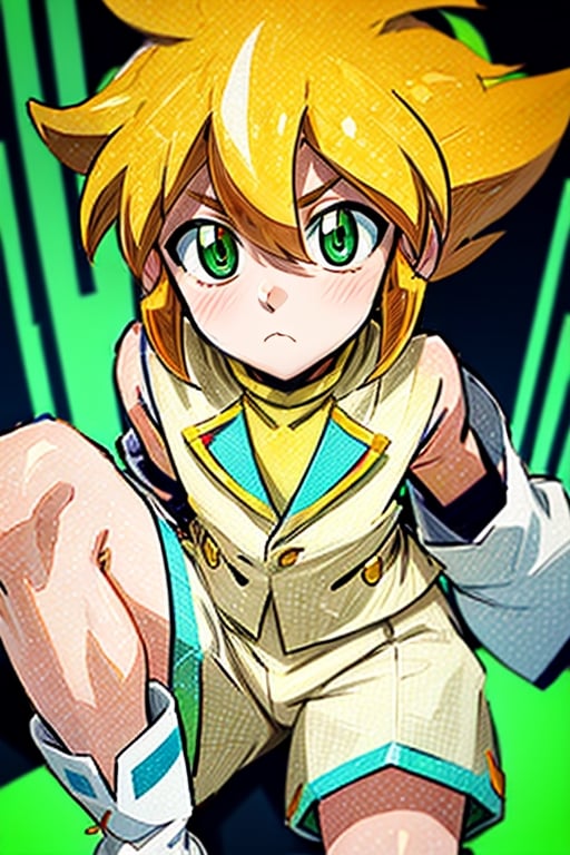Nudity, Nude, 1boy, solo, yellow shirt, white tunic (sky blue sleeve ends), green eyes, orange hair, fluffy hair, pale skin, white shorts (knee-length), lapels with lime green markings, white boots (mid-calf length), close-up, apathetic face, looking at viewer, best quality, amazing quality, very aesthetic, absurdres