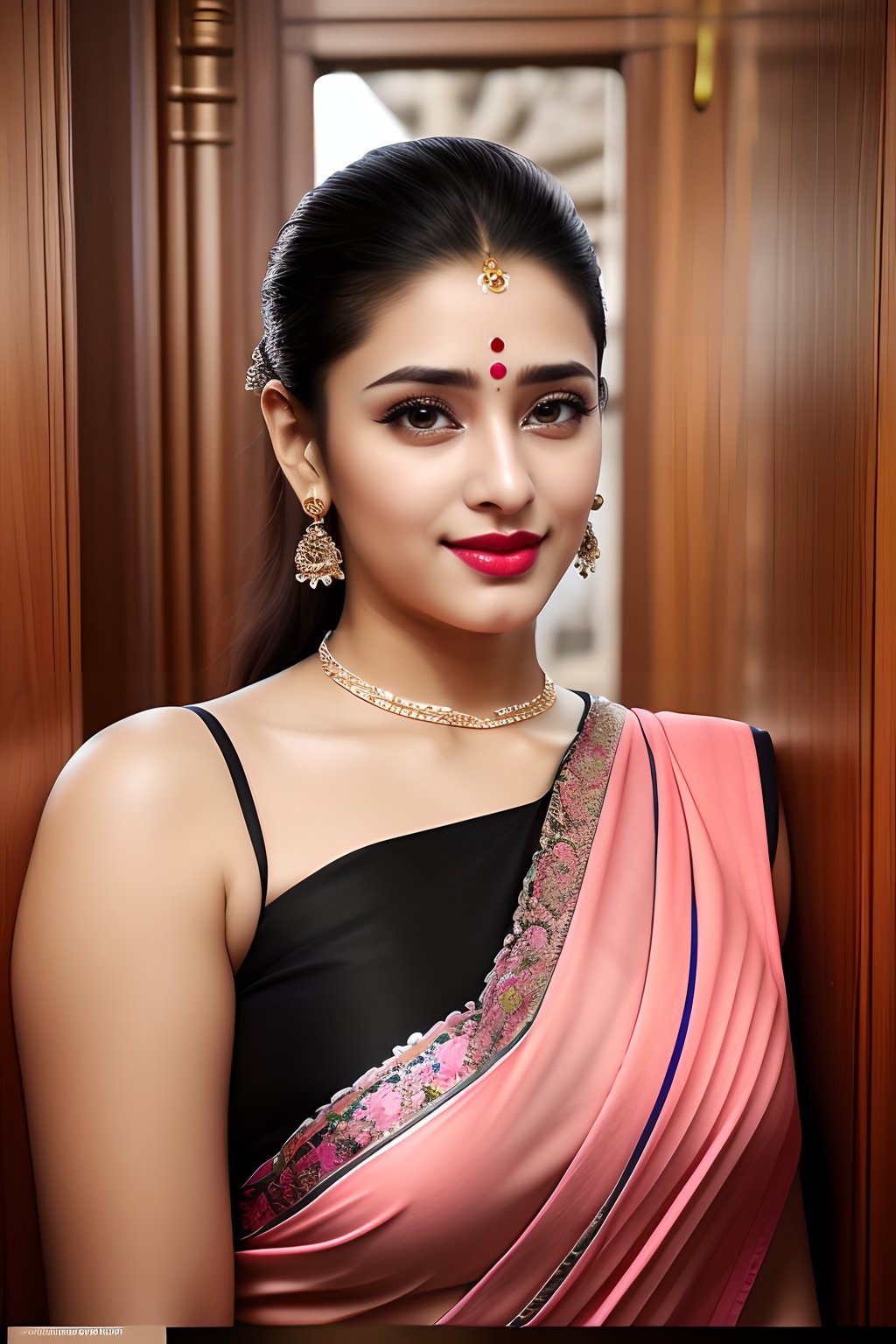 Indian beautiful and hot style bhabhi look wearing in 
Vyjayanthimala,Rekha , age 35, realistic body skin, brown eye ,white teeth, tilak on forhead ((wearing pink saree black blouse)),neckless and earring,Makeup,beautiful,detailed eyes,detailed lips,portrait,endless beauty,Milf, smile on face,((stading in front of kedarnath temple))red lipstik,pov_eye_contact,A gorgeous hindu indian girl,very fit, very toned, very athletic, naughty poses, hyperdetailed,full body, head to toe
,Anime Style, 