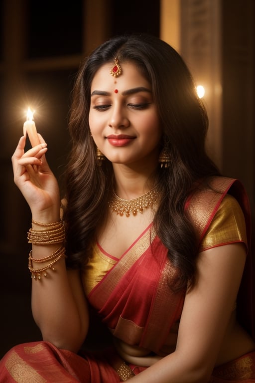 Indian beautiful and hot style chubby bhabhi look ,(((Mole on Lip))), looks like [Vyjayanthimala] and [Rekha] , age 25, realistic body skin, brown eye ,white teeth,(RAW photo, best quality),(realistic, photo-Realistic:1.3),best quality, masterpiece, beautiful and aesthetic, 16K, (HDR:1.4), high contrast,big natural curvy ass, (( sandal tilak on her forhead)), (( red saree sari and yello blouse)),moaning, seductive face, provocative,hyper realstic((light makeup),sexy smile ,Compose a detailed and evocative narrative describing the devout participation of Indian women in temple worship during the auspicious occasion of Mahashivratri. Highlight their rituals, attire, expressions of devotion, and cultural significance within the celebration,A woman sits in front of the Shiva lingam, bending her legs and holding a lit lamp in her hand with her eyes closed. She is performing the worship of the Shiva lingam, with a sandalwood tilak adorning her forehead.