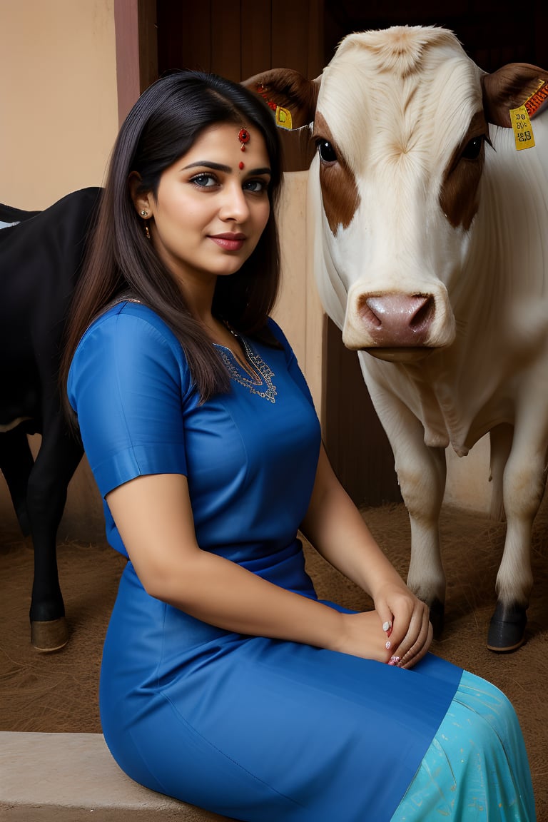 look like (Hande Ercel: ozge Torer:sunny leone :0.5)),age 25,sexy face,indian_style,indian skin, she blue eyes.A Haryanvi woman, wearing traditional Haryanvi dress a kurti and daman is sitting next to a cow and milking it. The cow's calf is also standing beside her.