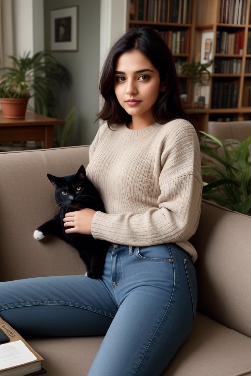 look like ((tisca chopra:  Mandy Takhar :0.2)),age 25,(((dont change face))),A girl  wearing a sweater and jeans, lying on a couch with a laptop and a cat, surrounded by books and plants, in the style of a cozy illustration, ,photorealistic:1.3, best quality, masterpiece