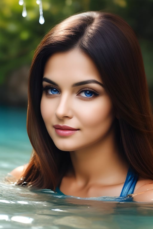 look like chubby ((Urvashi Rautela: Nora Fatehi:0.5)),age 25,(((face don't change)),sexy face,indian_style,indian skin,Generate hyper realistic image of a beautiful woman wading in shallow water, her hourglass body glistening with droplets. Her long hair frames her face as she blue eyes.