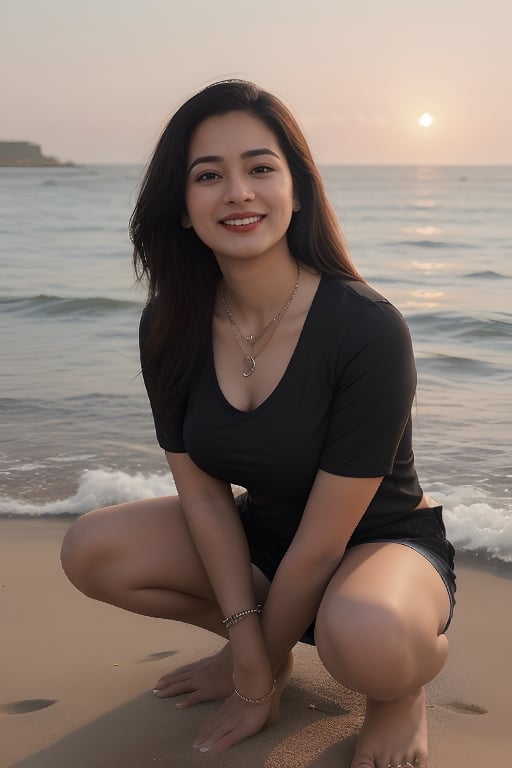 1 indian women 25 age look like [Mandy takhar,Nicoletta Kudryasheva : 0.5],[don't change face],Generate hyper realistic image of a woman with long, flowing hair is standing on a beach, barefoot and wearing black shorts and a red shirt. She's squatting down, with the sunset backlighting her, creating a mesmerizing aura. The woman is looking directly at the viewer with her captivating brown eyes and a warm smile on her closed mouth. She has medium-sized breasts and is holding a necklace in one hand and a bracelet in the other. The short sleeves of her collared shirt gently brush against her skin as she enjoys the ocean breeze. In the background, the waves gently kiss the shore, adding to the serene atmosphere.