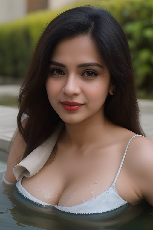 1 indian women 25 age look like [Mandy takhar,Nicoletta Kudryasheva : 0.5],[don't change face],She is bathing in the pond,cleavage