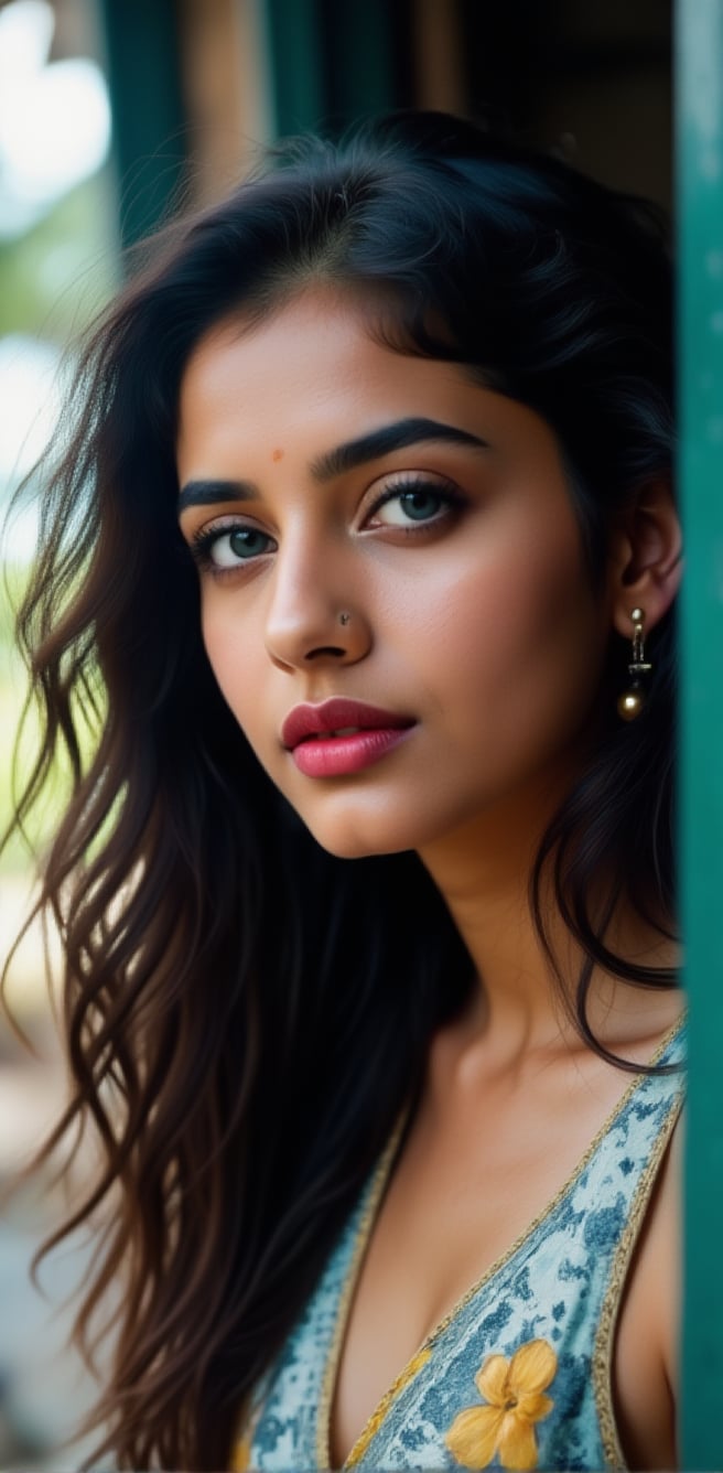 ((face do not change )) ,Generate hyper realistic image of a beautiful woman. she blue eyes.lovely cute young attractive indian girl, blue eyes, gorgeous actress, 23 years old, cute, an Instagram model, long hair, black hair, Indian, weaaring blouse, wearing bindi in forehead, ear rings,looking hot, under sunlight, looking on window,
