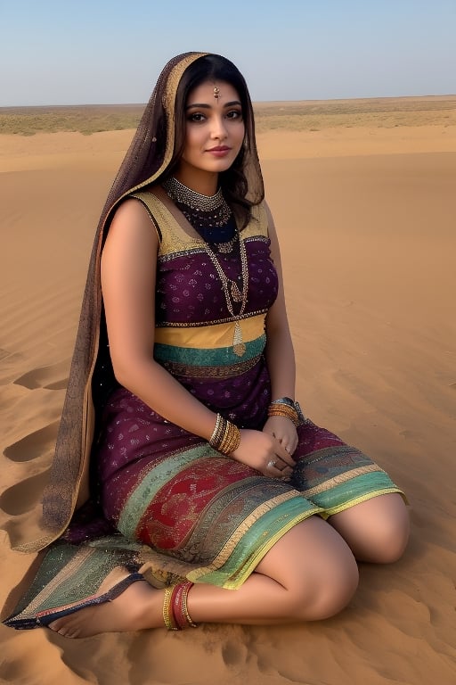 look like chubby ((Urvashi Rautela: Nora Fatehi:0.5)),age 25,(((face don't change)),The woman is wearing traditional Rajasthani clothes with a veil covering her ears. She is sitting on the sandy soil of the desert in Rajasthan. Behind her, a decorated camel is sitting, facing towards the woman