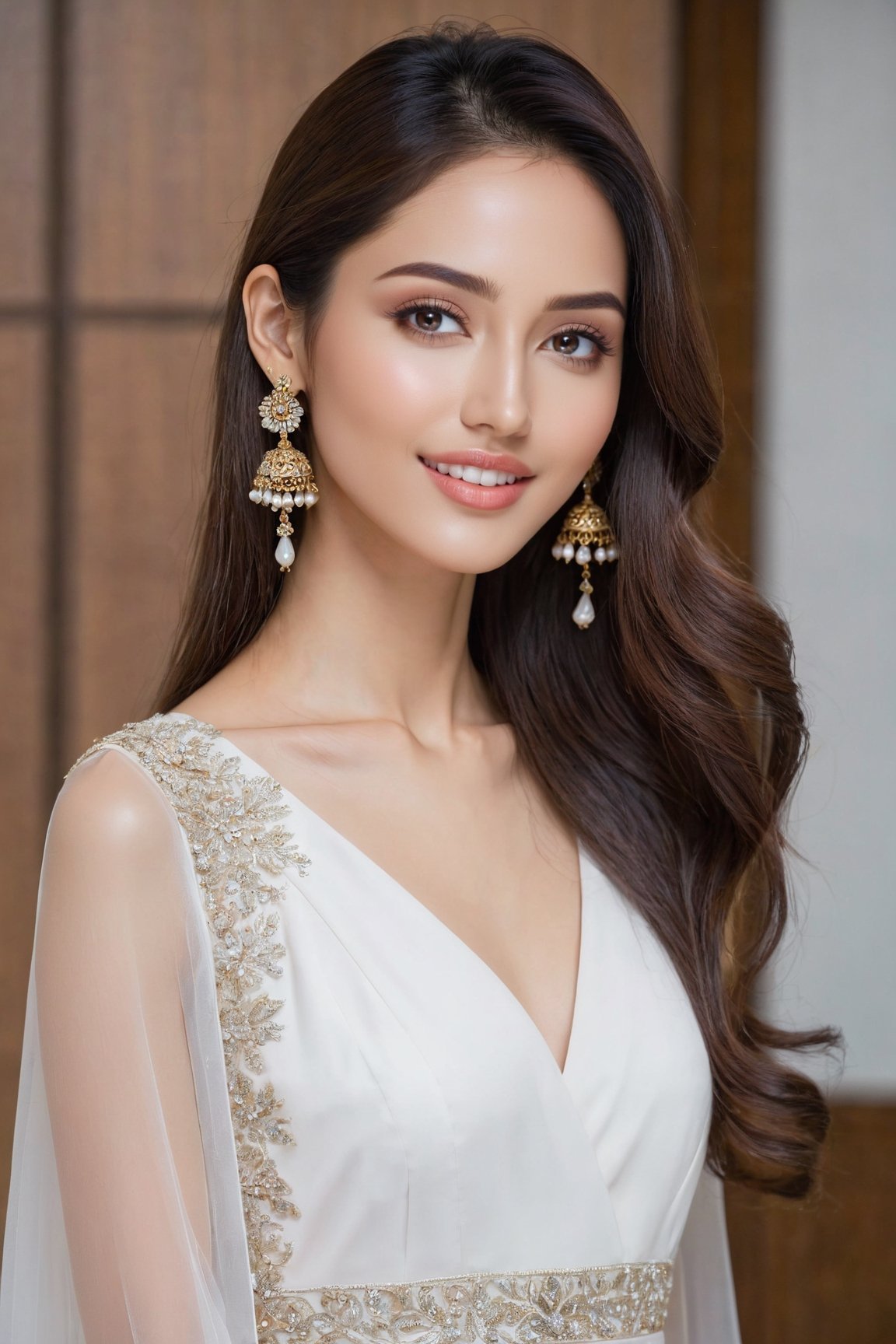 a beautiful korean_pakistani girl, inverted_triangle_face, chiseled_cheekbones, strong_jawline, grey_eyes, long_hair, white_dress, earrings, smiling, standing, looking_at_viewer 