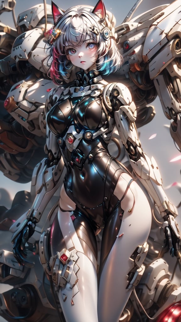 Beautiful women with cat like ears wearing a suit (bodysuit) that is a tight fit. medium breasts, slime thicc, multicolor eyes, multicolor hair, 1 girl, perfect image unfolds with 8k resolution,mecha,line anime,fujimotostyle,LINEART,mudrock(arknights),wrenchsmechs,cbpkv5
