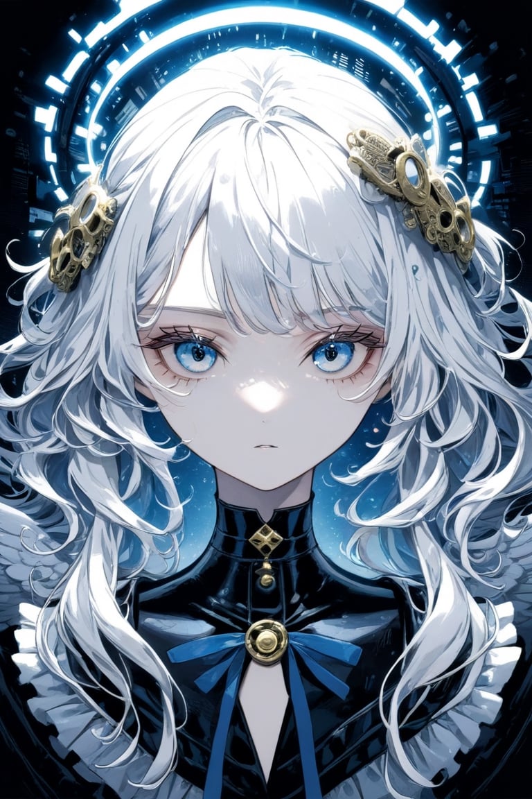 portrait of cute detecive in the noir city, 1girl, angel, white hair, long curly hair, (two side up), blue eyes, two blue ribbons on her hair, (Double golden halo on her head), choker, angel wings, detailed illustration portrait, incredible details, disney stylized cute, dark cyberpunk illustration,Visual Anime