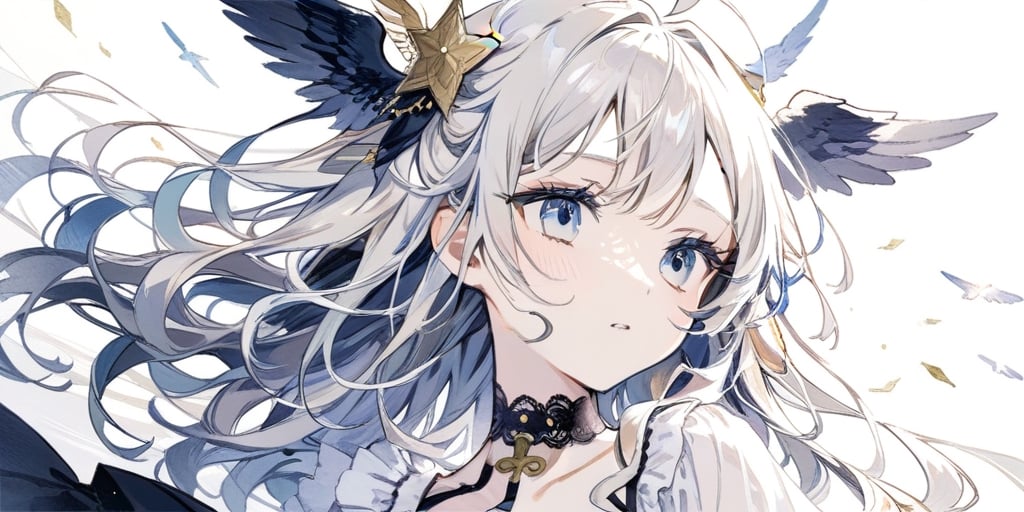 1girl, angel, white hair, long curly hair, two side up,blue eyes, yellow hair, choker, angel wings on back, ahoge,Sitting with one hand running through the hair,
portrait, close-up, irezumi ,
masterpiece, best quality, aesthetic,