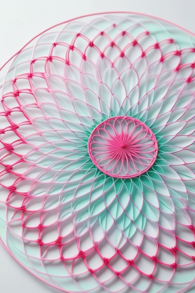 draws a complex of spirograph patterns, the colors are light purple, pink and aquamarine green, white background