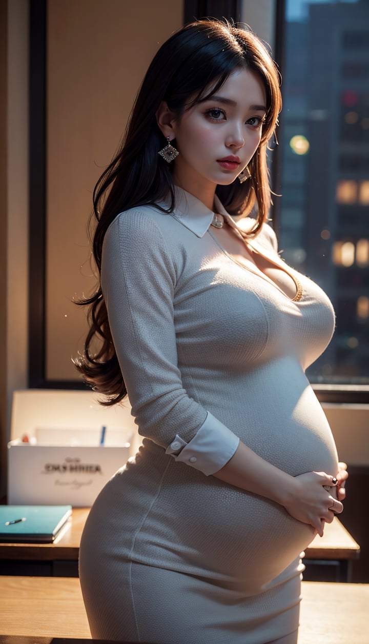 ((a 10 months pregnant, pregnant_huge_belly)), (masterpiece, top quality, best quality, official art, beautiful and aesthetic:1.2), hdr, high contrast, wideshot, 1girl, very long black hair, looking at viewer, (seducing act), frosty, ear piercings, icy eyeshadow, longfade eyebrow, soft make up, juicy lips, large breast, hourglass body, (office lady theme:1.5),  finger detailed, background detailed, ambient lighting, extreme detailed, cinematic shot, realistic ilustration, (soothing tones:1.3), (hyperdetailed:1.2)