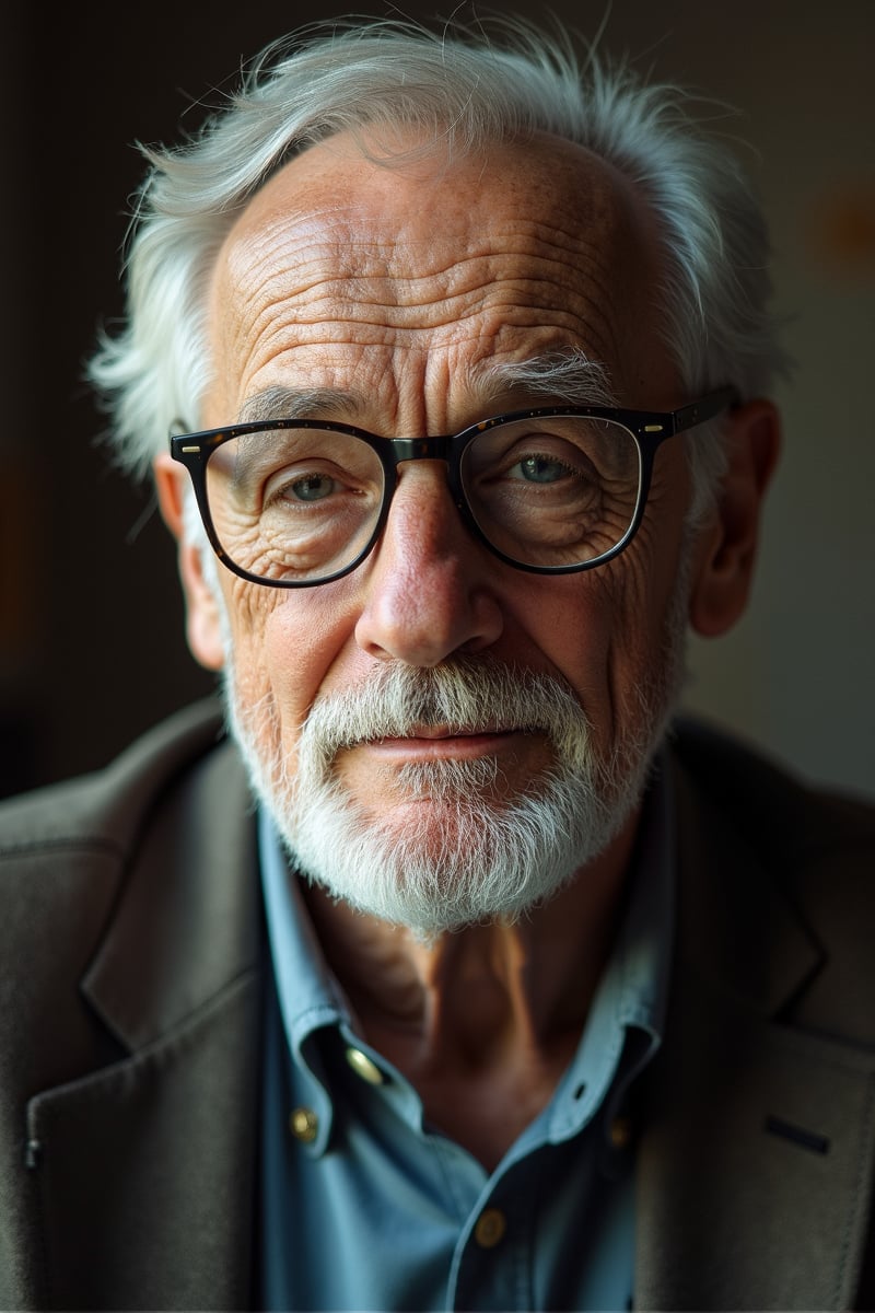 old man with glasses portrait, photo, 50mm, f1.4, natural light, Pathéchrome