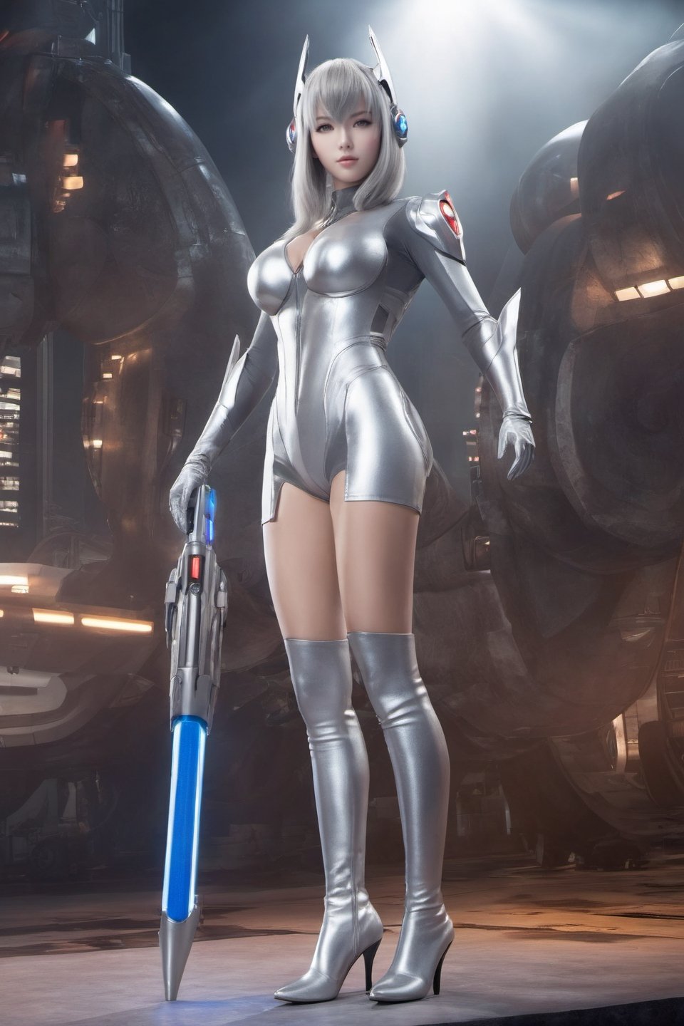 1girl,ultraman,bodysuit,looking at viewer,full body,mecha,glowing eyes,science fiction,,large breasts,open clothes,long legs,((silver overknee tight highheels boots)),(( long silver gloves)),((silver gloves cover all fingers))