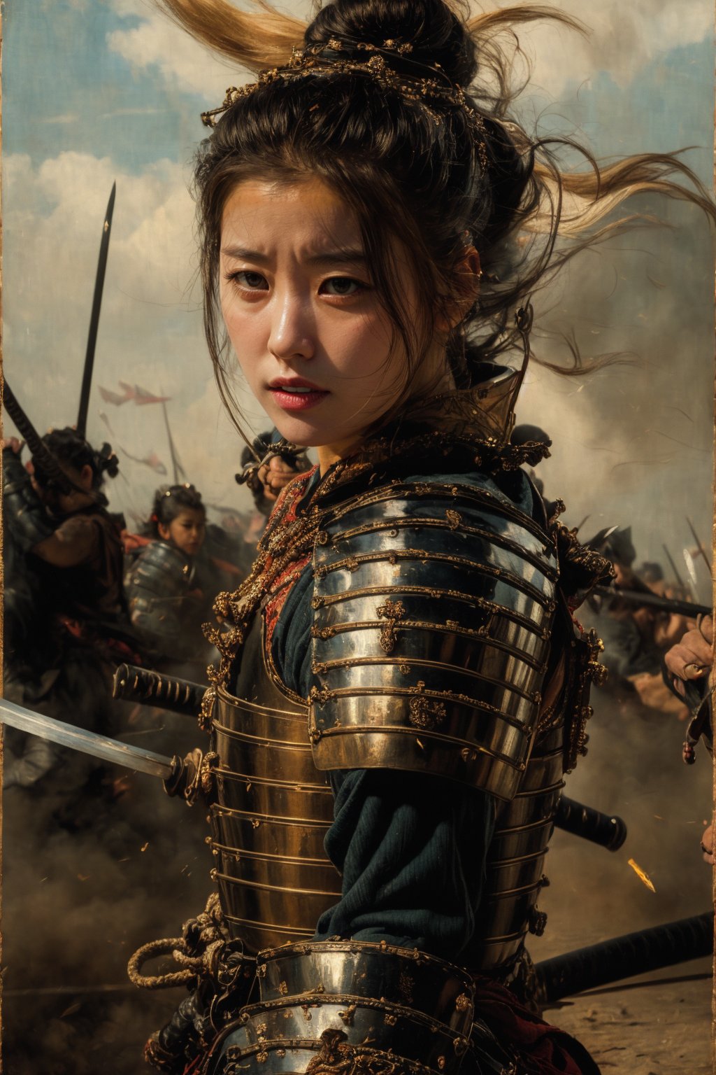 physically-based rendering, portrait, ultra-fine painting, extreme detail description, Akira Kurosawa's movie-style poster features a full-body shot of a 28-year-old girl, embodying the samurai spirit of Japan's Warring States Period, An enigmatic female samurai warrior, clad in ornate armor , This striking depiction, seemingly bursting with unspoken power, illustrates a fierce and formidable female warrior in the midst of battle. The image, likely a detailed painting, showcases the intensity of the female samurai's gaze and the intricate craftsmanship of his armor. Each intricately depicted detail mesmerizes the viewer, immersing them in the extraordinary skill and artistry captured in this remarkable 