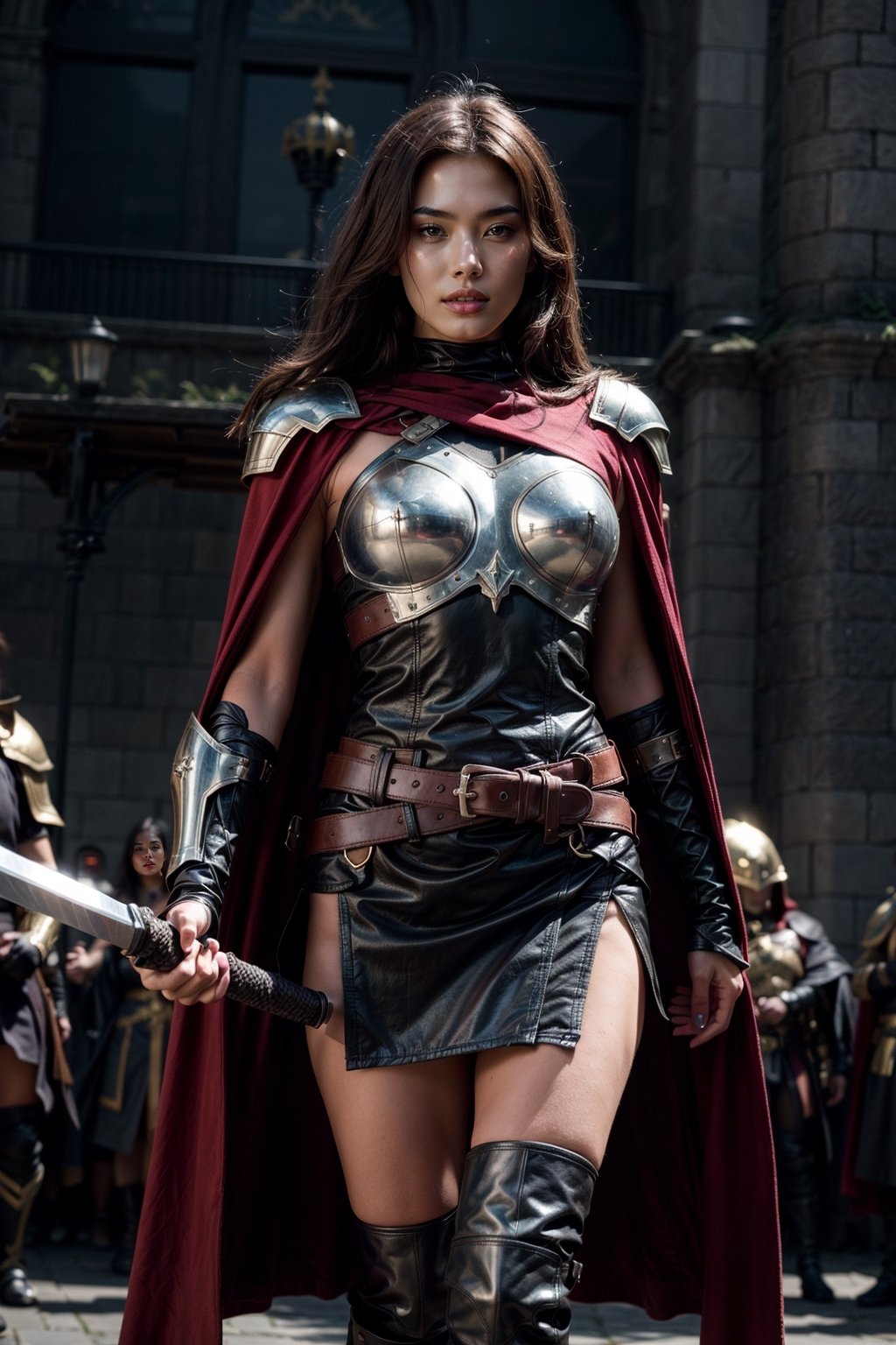 (full body image), masterpiece, best quality, 8k, highly detailed, ultra-detailed textures, atmospheric perspective, sharp focus, studio lighting, professional, bokeh, 1girl, 24 years old, female warrior, captain, solo, tall, 168 cm tall, weight 60 kg, looking at the viewer, miniskirt, blond hair, standing, holding a sword in the right hand and a shield in the left hand, long hair, belt, cloak, armor, sandals, pauldrons, sheath, shield, chest Armor, red cloak, scabbard, shield, gladiator sandals, sword, surrounded by a group of armored warriors, in front of the castle gate