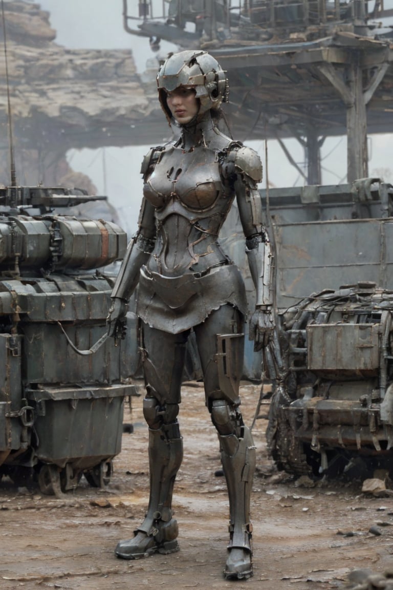 A cinematic photograph captures a majestic 2-meter tall organomachine creature standing amidst the desolate, rocky terrain of a barren planet. The humanoid figure boasts a robust biological core encased within a metallic exoskeleton, its modular limbs incorporating mechanical actuators and biological muscles. A metal helmet adorns the head, featuring multiple bionic eyes and sensors, while pale skin is partially covered by metal plates in various colors and textures. In this harsh environment devoid of life, the organomachine creature appears to be scavenging for robotic parts and energy sources. The 8K resolution photograph showcases ultra-detailed photorealism, with cinematic lighting accentuating the drama of the scene. The creature's athletic body shape and perfect proportions are highlighted, complete with notable features such as big breasts.,cutout dress,T-90M,BTR-80,Cyberpunk_Anime