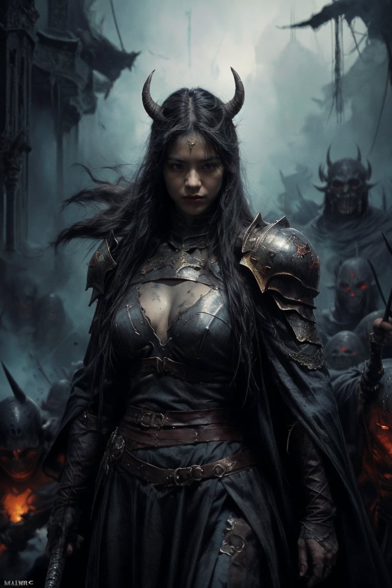 bokeh, shallow depth of field, In this mesmerizing photo from a dark fantasy film, a powerful savage woman clad in lightweight chainmail stands tall and stoic, with a slender waist. Holding the ancient long sword tightly in her hand, she faced a looming final demon with a huge body. The demon's eyes glowed ominously and emitted wisps of smoke. The atmosphere is one of danger and heroism. The colors are mainly dark, and the runes on the blade of the savage woman's sword shine with a terrifying light. The light creates a sense of tension and anticipation, as if the outcome of this epic scene hangs in the balance.,nodf_lora,watercolor,masterpiece