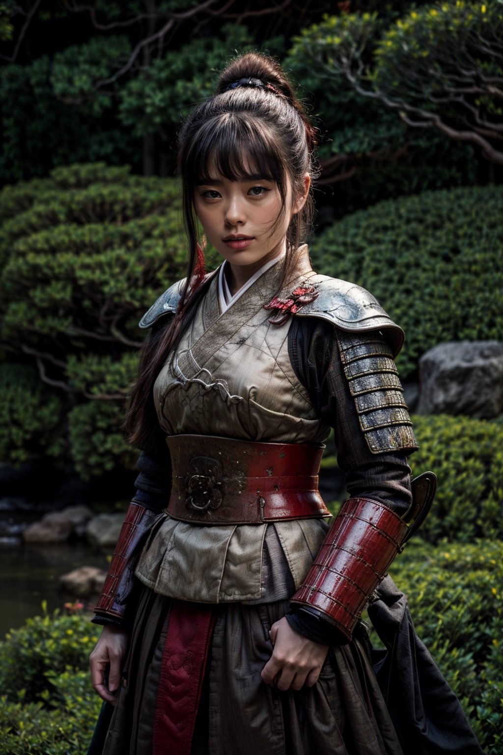 daytime, outdoors, 5 fingers, Akira Kurosawa's movie-style poster features a full-body shot of a 28-year-old girl, embodying the samurai spirit of Japan's Warring States Period. Bright colors, war as background, wearing traditional samurai armor with intricate details, holding katana with determination, falling gunpowder smoke, symbolizing beauty in conflict, shallow depth of field, detailed, historical, tactile elegance, cinematic, detailed , predominantly red style, simple composition, low light, rim light, optimal shallow depth of field, vivid colors, hyper-realistic, RAW, 16K, masterpiece, UHD, full body shot, sharp focus, professional, bokeh, hyper-realistic , top dramatic lighting, dynamic shadows, close-up portrait photos, beyond expectations, ethereal, smoky backgrounds, atmospheric haze, 5 fingers,armor,Samurai girl,japanese_garden_background