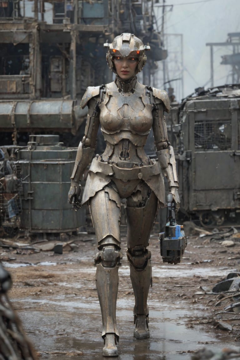 A cinematic photograph captures a majestic 2-meter tall organomachine creature standing amidst the desolate, rocky terrain of a barren planet. The humanoid figure boasts a robust biological core encased within a metallic exoskeleton, its modular limbs incorporating mechanical actuators and biological muscles. A metal helmet adorns the head, featuring multiple bionic eyes and sensors, while pale skin is partially covered by metal plates in various colors and textures. In this harsh environment devoid of life, the organomachine creature appears to be scavenging for robotic parts and energy sources. The 8K resolution photograph showcases ultra-detailed photorealism, with cinematic lighting accentuating the drama of the scene. The creature's athletic body shape and perfect proportions are highlighted, complete with notable features such as big breasts.,cutout dress,T-90M,BTR-80,Cyberpunk_Anime