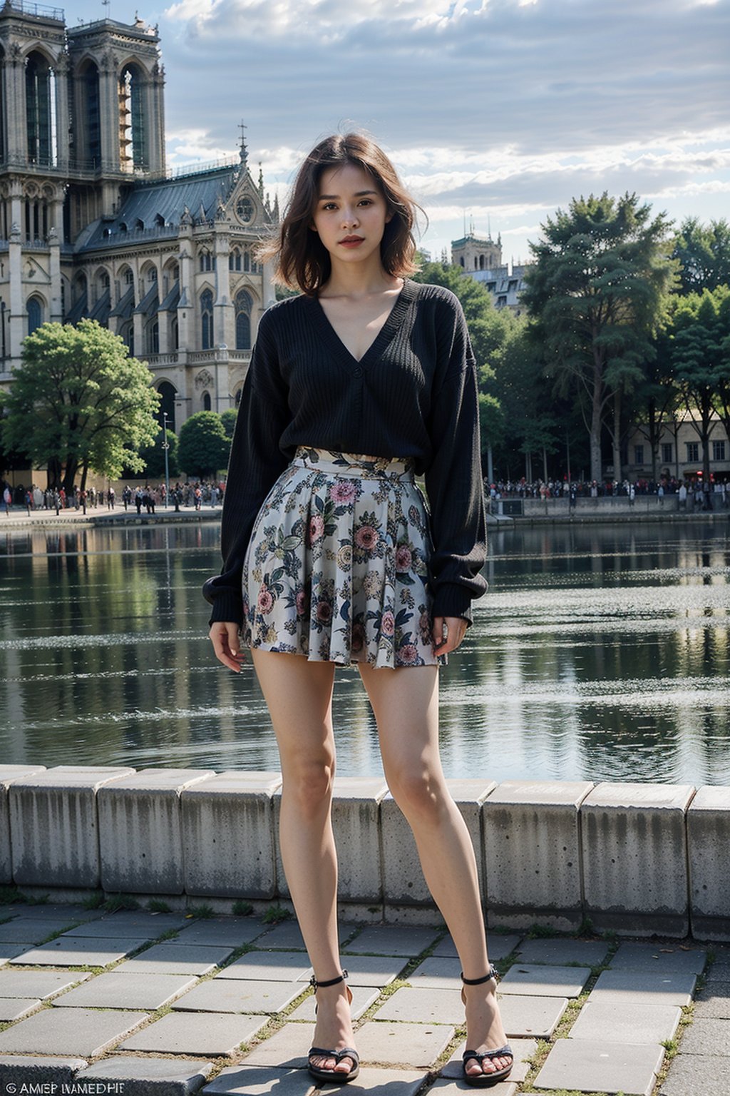 full body shot, Sayaka Yumi stands confidently in front of the Notre-Dame de Paris, The ensemble enhances her dynamic presence, blending a sense of energy with a poised, stylish demeanor, perfectly suited to her,