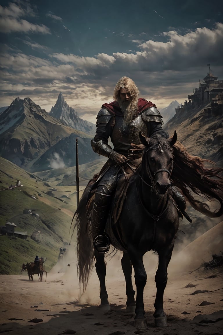 This close-up captures the majestic scene of a heroic medieval warrior on horseback fighting deep into the windswept sands of an enemy camp. Wearing weathered armor adorned with intricate metal royal emblems, he looks directly at Looking forward, his eyes are full of wisdom, his right hand is holding the hilt of the sword tightly, his blond hair is fluttering in the wind, showing a royal demeanor, dueling with the enemy in the early morning, with the vast mountains as the background, and the military flag fluttering. Cinema lighting, dynamic shadows, surreal, furry,nodf_lora