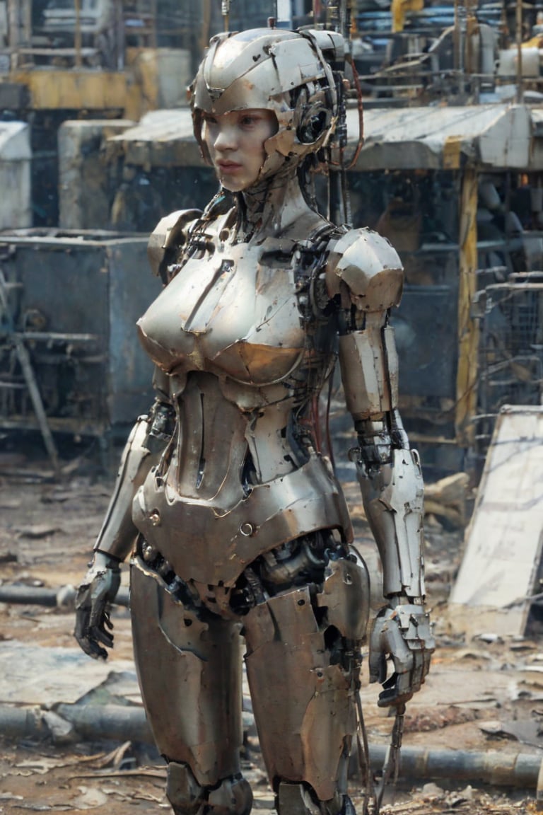 A cinematic photograph captures a majestic 2-meter tall organomachine creature standing amidst the desolate, rocky terrain of a barren planet. The humanoid figure boasts a robust biological core encased within a metallic exoskeleton, its modular limbs incorporating mechanical actuators and biological muscles. A metal helmet adorns the head, featuring multiple bionic eyes and sensors, while pale skin is partially covered by metal plates in various colors and textures. In this harsh environment devoid of life, the organomachine creature appears to be scavenging for robotic parts and energy sources. The 8K resolution photograph showcases ultra-detailed photorealism, with cinematic lighting accentuating the drama of the scene. The creature's athletic body shape and perfect proportions are highlighted, complete with notable features such as big breasts.,cutout dress,T-90M,BTR-80,Cyberpunk_Anime