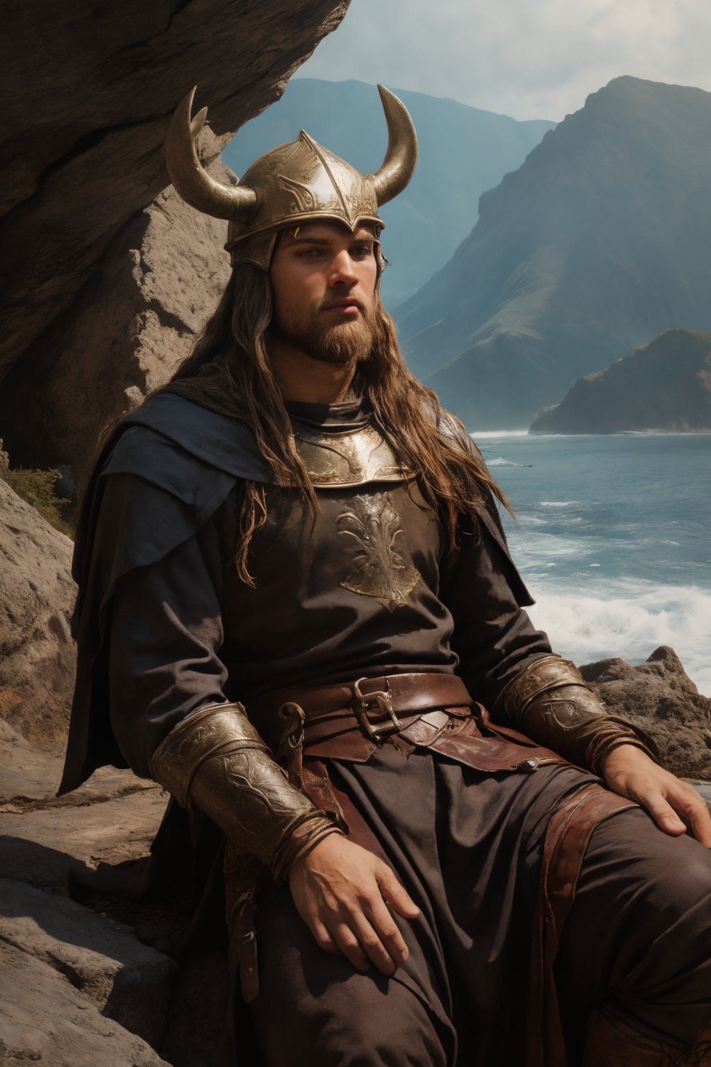 A full-body shot shows a young Viking warrior, whose handsome face stands out. His long braids hang down from his back, his expression is resolute, and his face is painted with Viking black war paint, making him look even more majestic. Her long dark golden hair was blown by the wind, and her hazel eyes seemed to contain ferocious inner strength. The focus still stayed on his extremely realistic face, his light blue eyes looking at the splashing waves, shining with a quiet light. Wearing a ragged tunica made of burlap, he sat proudly on the rocks at the edge of the cliff, a Viking helmet lying beside him a testament to his indomitable spirit, captured by Ms. Schiffer's professional camera.,perfect