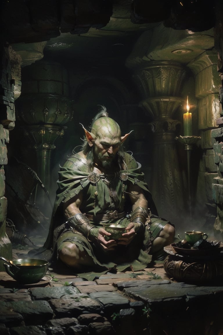 a character reminiscent of folklore or fantasy, a gnome elf, given the pointed ears and green skin, seated among a pile of golden coins, a theme of wealth or treasure, underground be in a cave, the dark background and the rough texture, stone walls of earth. The lighting is dim, the figure and the coins, which are illuminated as if by a torch or candlelight. The overall impression is one of a still from a storybook or a scene from a fantasy narrative, evoking a sense of mystery and ancient lore.