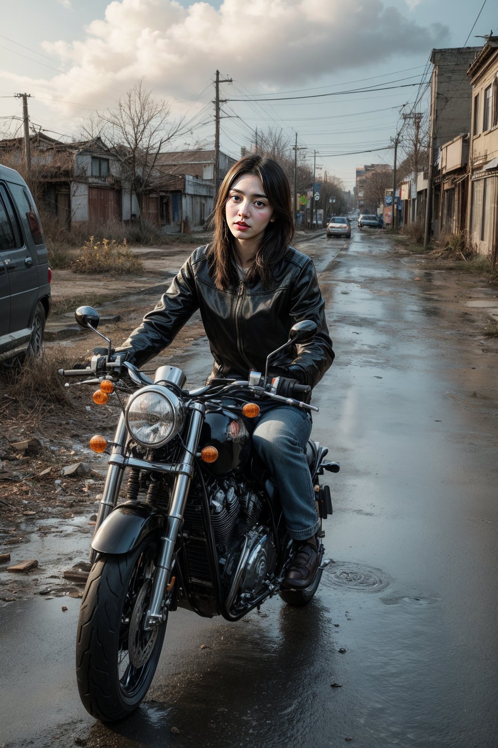 real drawing of a Japanese beautiful lady. She is riding a Vincent Black Shadow motorcycle through a postapocalyptic scenery. An abandoned town, perfect face, deserted buildings, wild foliage, cracks in the asphalt, rusty cars, scattered rubble, dust, and puddles of water. Dark clouds. Masterpiece. Highly detailed. Cluttered maximalism. Close-up shot. High angle. Super wide angle,