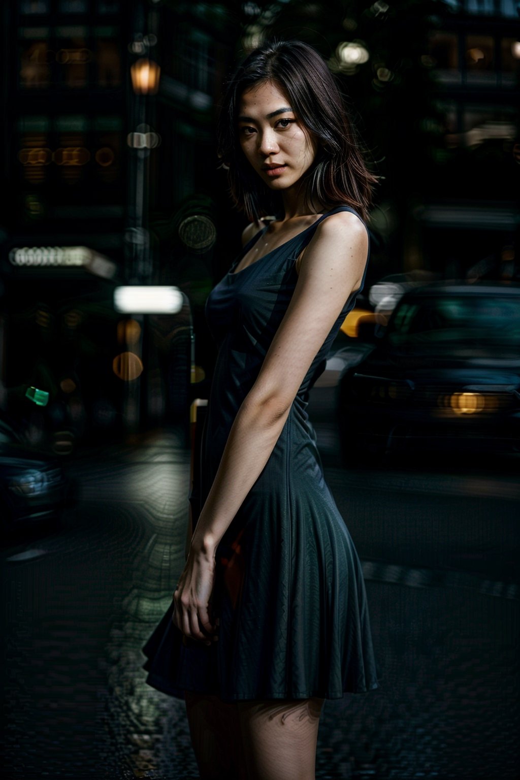 Shallow depth of field, vivid colors, photorealistic, RAW, 16K, Masterpiece, UHD, full body shot, sharp focus, professional, bokeh, look at viewer, 21 year old Asian college girl wearing tight dress, perfect body proportions, athlete body type, waiting on busy street at night, shallow depth of field, highly detailed, bokeh, cinematic scope, moody, epic, gorgeous, film grain cinematic photo