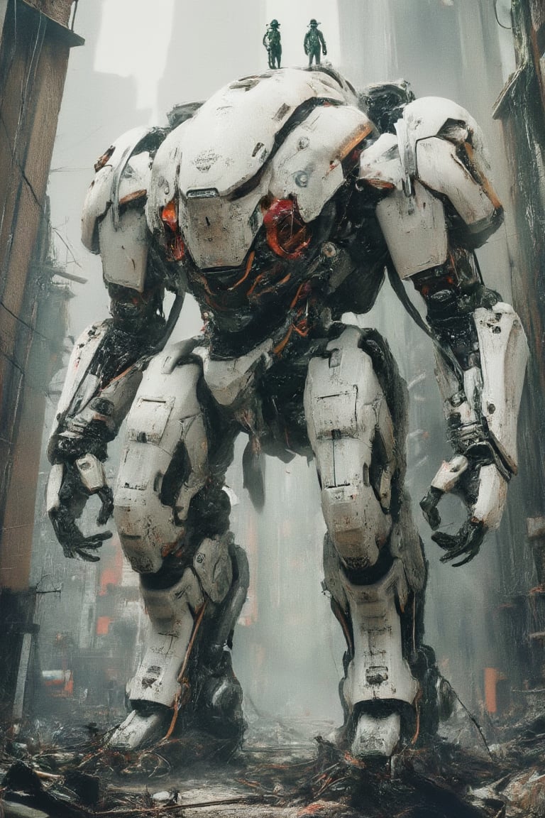 Full body shots, oblique angles, side view, close-ups, physically based rendering, portraits, ultra-fine paintings, extremely detailed descriptions, Kurosawa's film-style posters use full body shots. a detailed depiction of a complex mechanical structure resembling a futuristic  battle mech. a vibrant white robot stands atop a gray surface. The robot's body is adorned with a variety of vibrant green, adorned with white accents. Two soldiers, dressed in green, are perched atop the robot's head, adding a pop of color to the otherwise monochromatic scene. The background amidsts a haze of smoke and ruinous buildings that stretch into the distance.